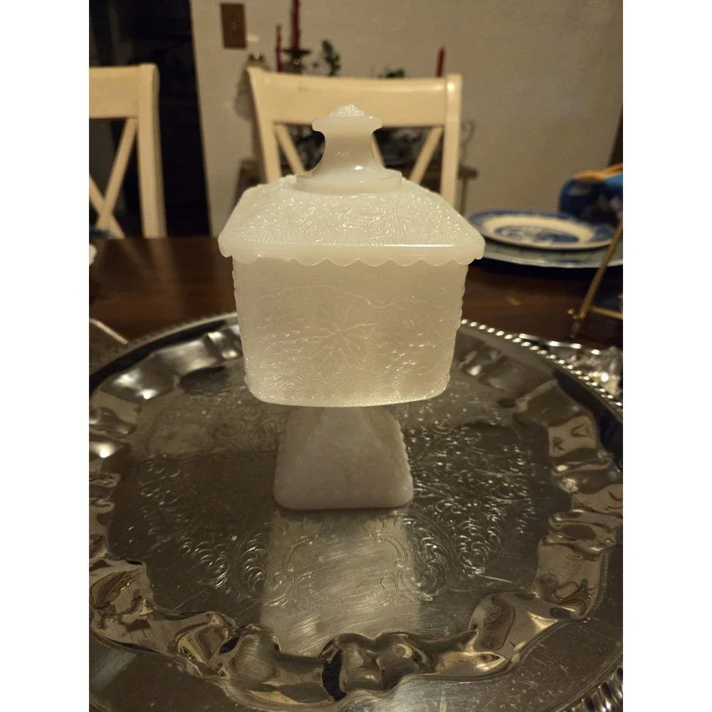vintage milk glass square pedestal candy dish or compote featuring an...